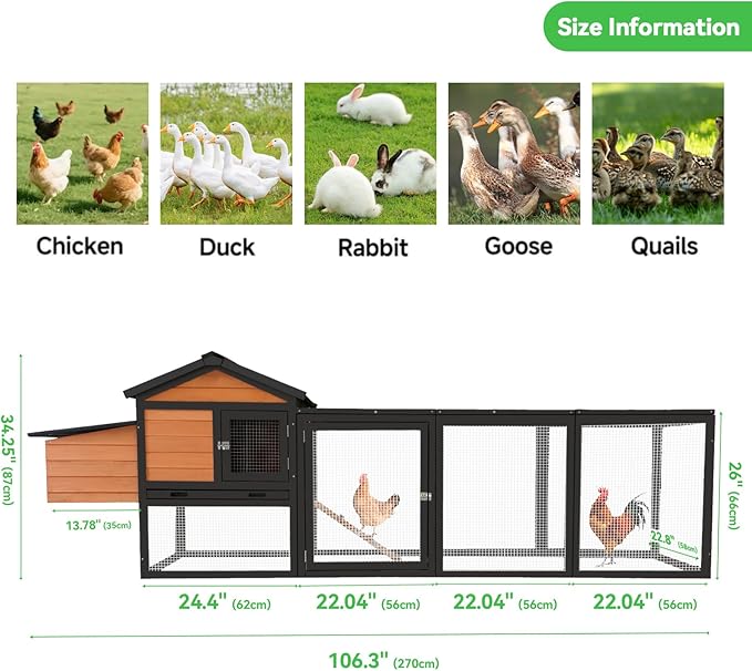 Chicken Coop for 2-6 Chickens Outdoor Wooden Hen House Poultry Pet Hutch for Backyard with Run Cage & Nesting Box(Brown)