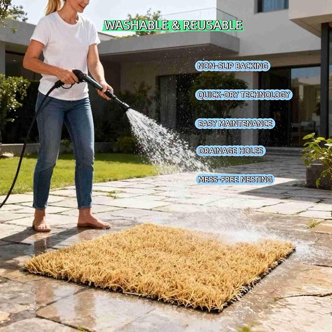 Chicken Nesting Box Pads 4 Pack 12x12 Inch - Waterproof Washable Hen Nesting Pads, Easy Clean Reusable Nest Boxes Liners, Fake Grass Mat Artificial Indoor Turf with Drain Holes