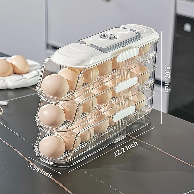Egg Dispenser for Refrigerator, 3-Layer Clear Plastic Egg Holder Adopt Transparent PET Material & Hidden Handle Design – Egg Organizer for Refrigerator with Cover Lock Buckle (Capacity for 21 Eggs)