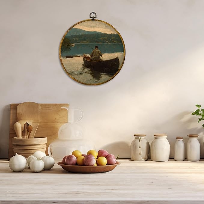 CUANFDDSF Vintage Fisherman Fishing Round Wall Art, Antique Fishing Framed Hanging Wall Decor, Rustic Farmhouse Fisherman Landscape Canvas Prints Decorations for Home Bedroom Living Room, 10x10 Inch