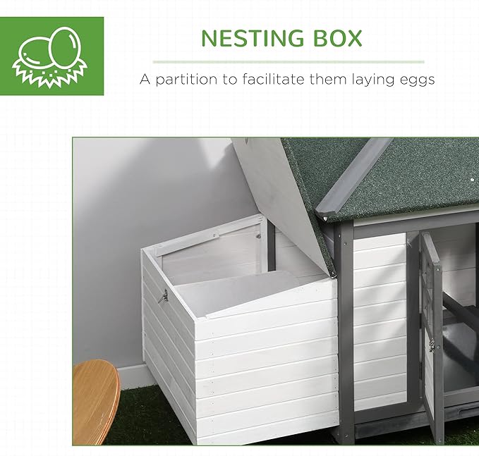 PawHut 77" Wooden Chicken Coop with Nesting Box, Cute Outdoor Hen House with Removable Tray, Ramp Run, for Garden Backyard, Gray
