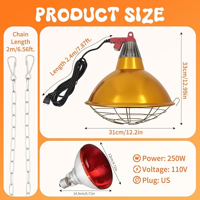 Large Chicken Coop Heat Lamp with 250w Infrared Heat Bulb, Adjust 2 Mode Temperature&Hanging Height,with Aluminum Reflector for Coop Brooder,Cat,Puppy,Lamb