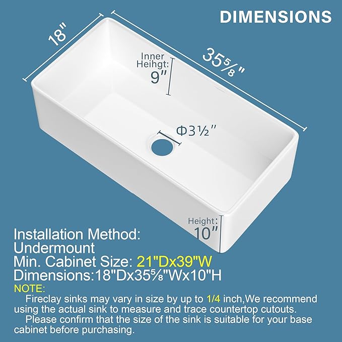 Extra Large White Farmhouse Sink 36 x 18 Inch, Firecaly Apron Front Undermount Farm Kitchen Sink Single Bowl for Kitchen, w Accessories 2 Types, Fits MIN. Cabinet Size: 21"Dx39"W