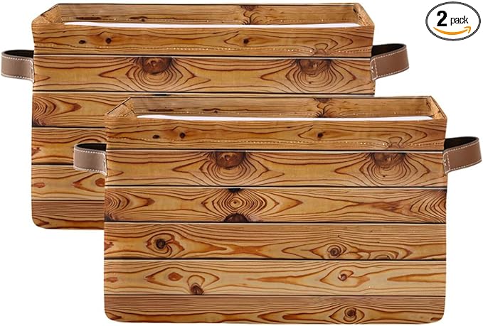 Rustic Wood Grain Storage Bins Collapsible Storage Basket with Metal Frame, Fabric Shelves Bins Closet Baskets with Handles, 2-Pack