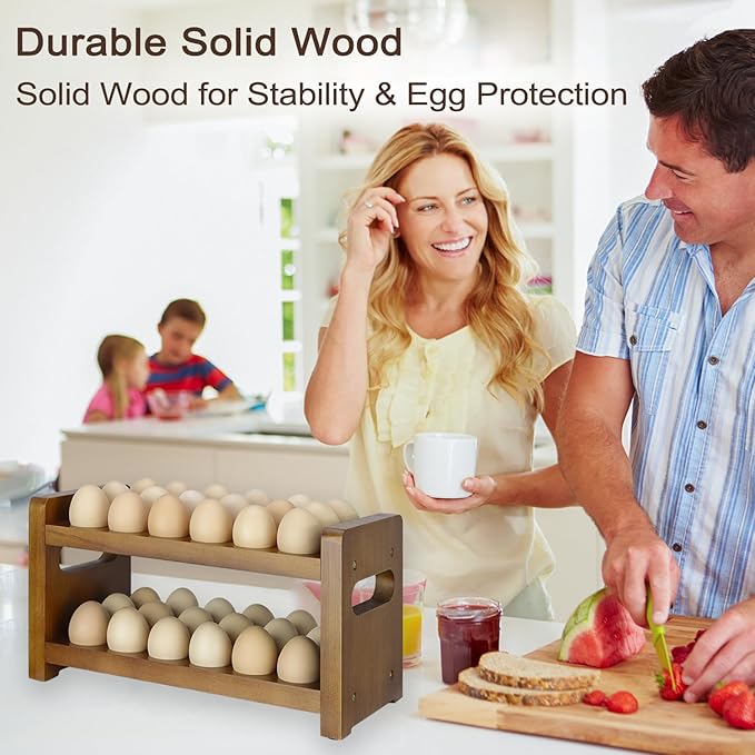 Egg Holder Countertop, 2-Tier Wooden Egg Holder for 36 Eggs, Wooden Countertop with Carry Handle for Chicken, Duck, and Quail Eggs