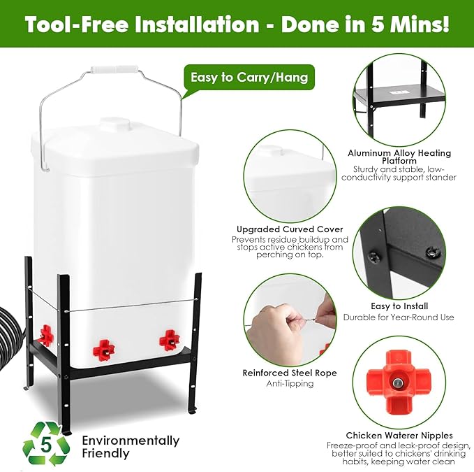 Chicken Water Heater 3.8 Gallon with 4 Nipples and Adjustable Height, 2-in-1 Freeze-Proof Heated Chickens Waterer Anti-Tipping for Turkey Ducks Geese Poultry in Winter Coops