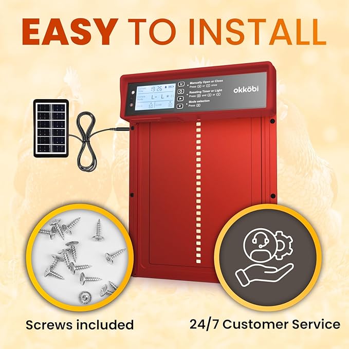 Okkobi Automatic Chicken Coop Door Solar Powered - LCD Display - Chicken Coop Door with Remote Control, Light Sensor & Timer - Security & Peace of Mind: Anti-Pinch Function - 5-Year Protection - Red
