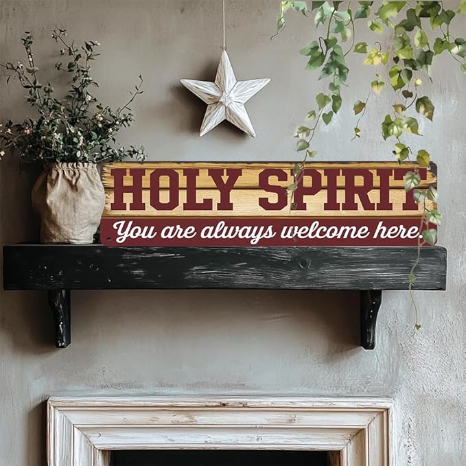 Rustic ''HOLY SPIRIT You are always welcome here'' Decorative Tin Sign, 16x4 Inch, Farmhouse Religious Art Wall Sign For Home, Porch, Patio, Yard, Garage Hanging Decor, Room Decor