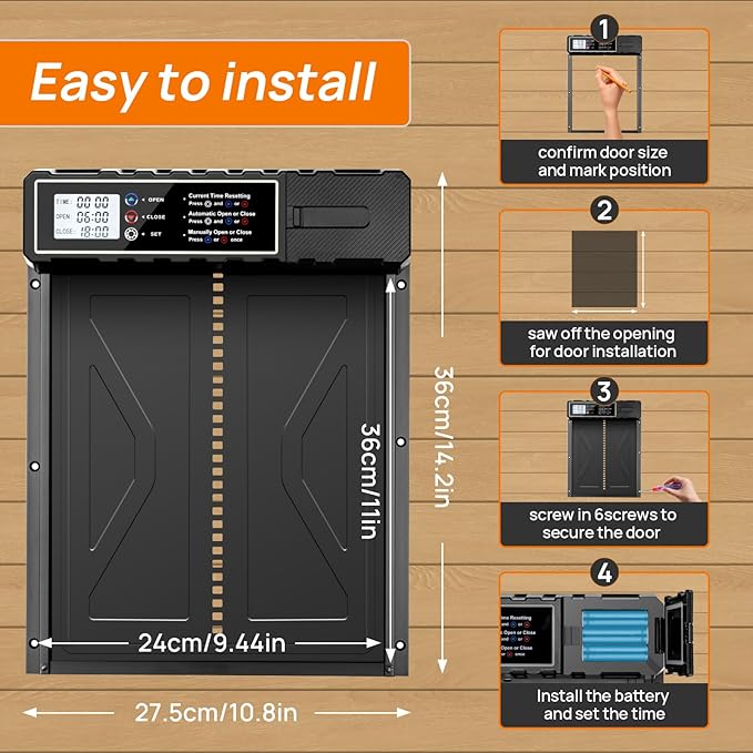 Automatic Chicken Coop Door with LCD Timer – Battery Powered Auto Open/Close, Predator-Proof Aluminum Hen House Door, Weatherproof, Easy Install, Timer-Controlled Coop Door