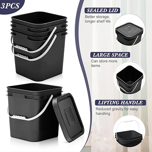 Mumufy 3 Pcs 3.5 Gallon Square Food Grade Bucket with Lid Square Bucket Pail Plastic Handles for Long Term Food Storage, Camping, Fishing, Home Organization Easy Stack and Store (Black)