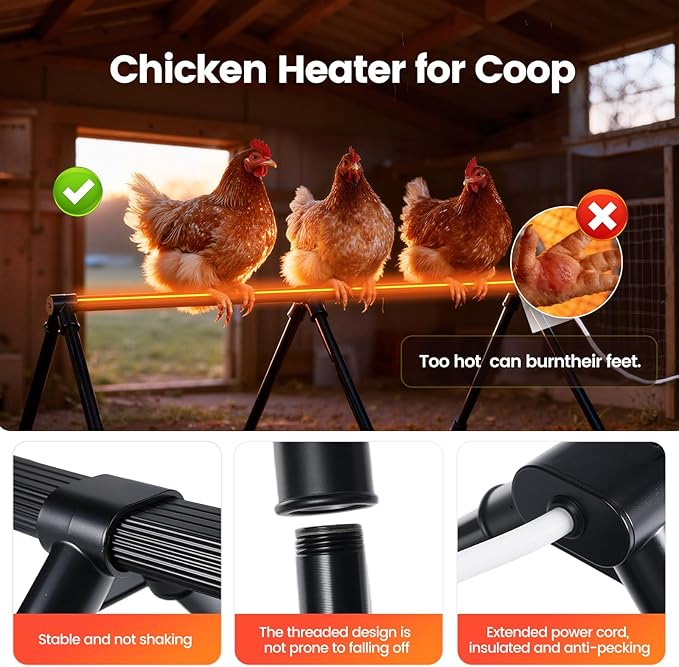Heated Chicken Perch for Coop Thermo Heated Roosting Bar for Chickens Adjustable Temperature Heated Perch for Chicken Prevents Frozen Toes, Overheat Protection Chick Warm Coop Accessories