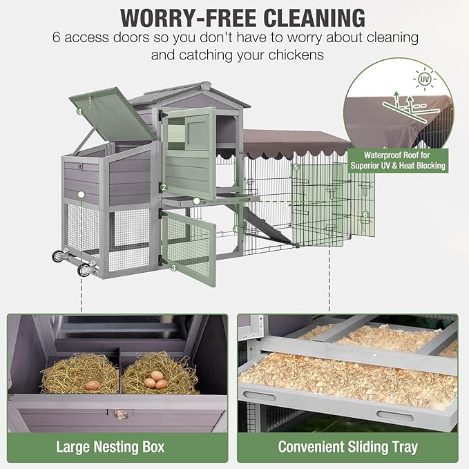 Mobile Chicken Coop with Run, Large Outdoor Wooden Poultry Cage Hen House with Wheels, Nesting Box, Pull-Out Tray, Waterproof Roof, Grey, 79.1" L x 25.2" W x 43.6" H, for 4-6 Chickens
