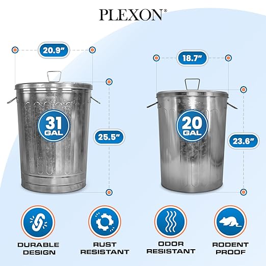 Plexon 31 Gallon Metal Trash Can and 20 Gallon Metal Trash Can with Lids Outdoor Garbage Cans Heavy Duty Galvanized Buckets with Lids for Garage Workshop Ash Storage Farmhouse, Bundle