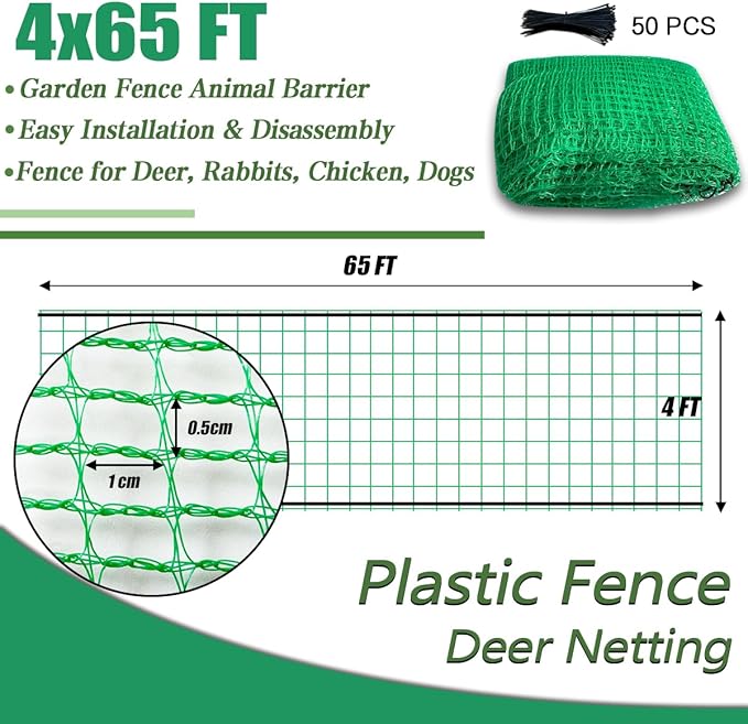 Garden Fence Temporary Fence, 4'x65' with 50 Zip Ties, Plastic Fencing Safety Fence Snow Fence, Construction Fencing for Yard, Deer, Pet, Rabbits, Chicken, Dogs, Animal Barrier, Green