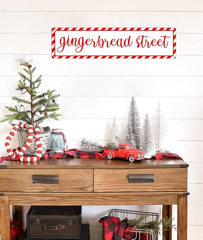 Gingerbread Street Christmas Metal Sign Vintage Print Art Poster Tin Plaque for Home Farmhouse Kitchen Patio Yard Cafe Bar Front Door Wall Decor 4x16 Inch