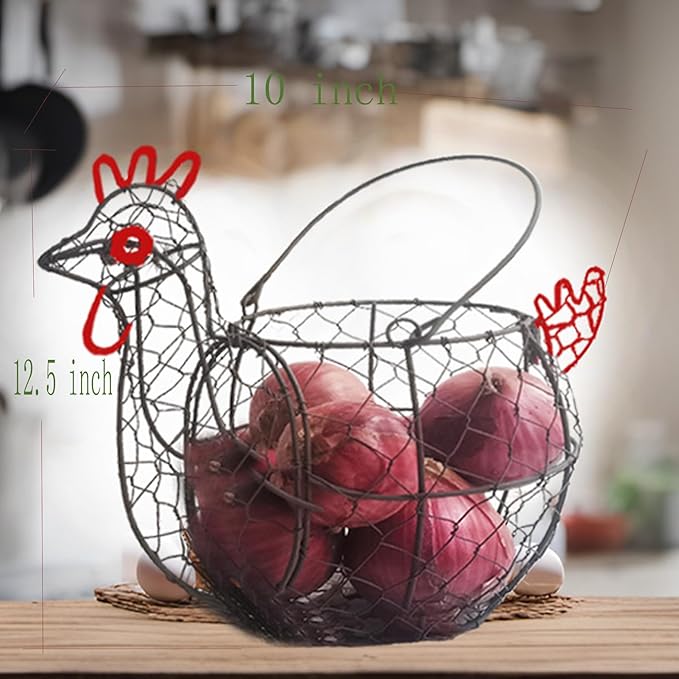 TAIANLE. Wire Chicken Egg Basket for Gathering Fresh Eggs, Rustic Rooster Shaped Egg Collecting Basket for Farm Fresh Eggs with Handle, Kitchen Countertop Storage, Vintage Farmhouse Decor Organizer