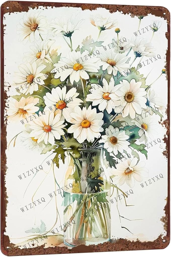 Metal Signs - Beautiful White Daisy Flowers Vintage Retro Aluminum Metal Tin Sign for Home Office Kitchen Bar Cafe Garden Wall Decor 12x8 Inch