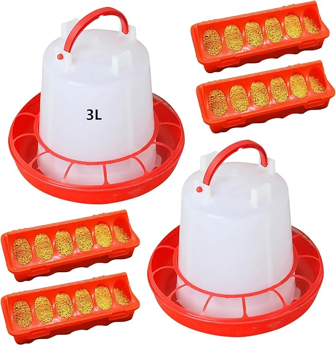 Chicken Feeder and Waterer Set, 4pcs Chicken Food Dispenser and 2pcs Chicken Waterer, 3L Chick Water Dispenser, Hanging Chickens Feeder Set, No Spill Design for Baby Chicks, Ducklings