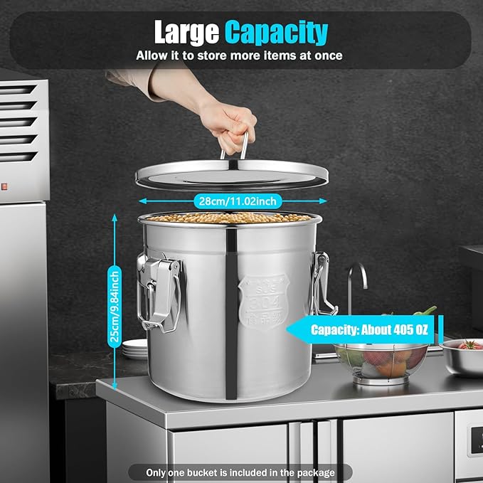 304 Stainless Steel Airtight Food Storage Container, 12L/3.2Gal Metal Bucket with Locking Clamp Lid for Rice, Flour, Grain, Coffee Bean - Kitchen Canister Storage Bin