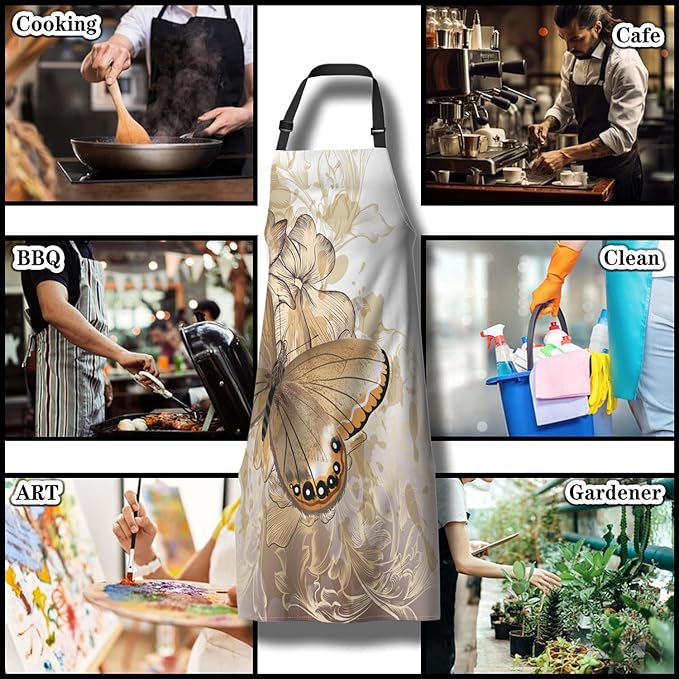 Artist Apron Women Fashion Butterfly Mans Aprons for Kitchen Cooking Restaurant BBQ Painting Crafting Gardening 27” (W) x 31” (H), Waterproof Apron