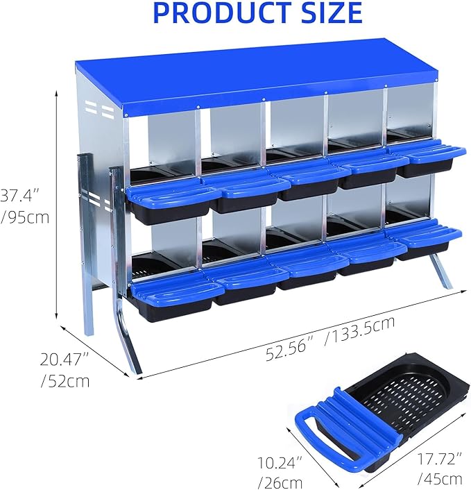 GarveeHome 2-Tier Chicken Nesting Box, 10 Compartment Metal Chicken Laying Boxes with Waterproof Roof ＆ Removable Trays for Hens, Poultry，Easy Egg Collection
