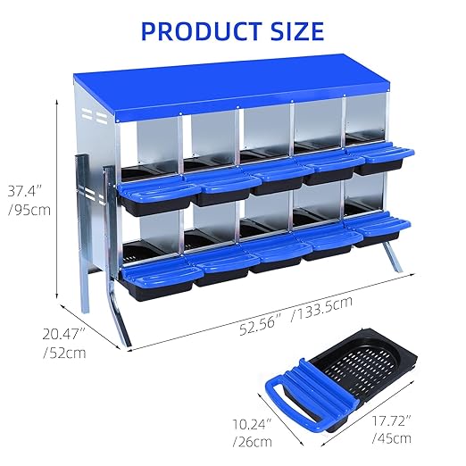 Chicken Nesting Boxes, 10 Hole Metal Chicken Laying Box with with Removable Trays and Roll Out Egg Collection for Chicken Coop, with Metal Bracket, Blue