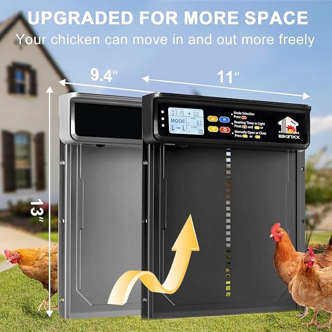 Automatic Chicken Coop Door Solar Powered with Timer, Light Sensor, Remote Control, LCD Display, Aluminum Alloy 4 Auto Modes Wide Size Chicken House Door, Anti-Pinch, Weatherproof, USB Backup, Black