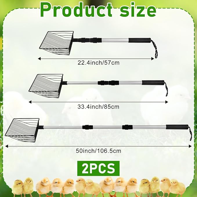 2pack Chicken Poop Scoopers,3 in 1 Adjustable Sifting Shovel for Chicken Coop Non-Stick Metal Chicken Coop Cleaning SuppliesTools Scooper Poop Shovel for Sifting Chicken Sand and Wood Shavings