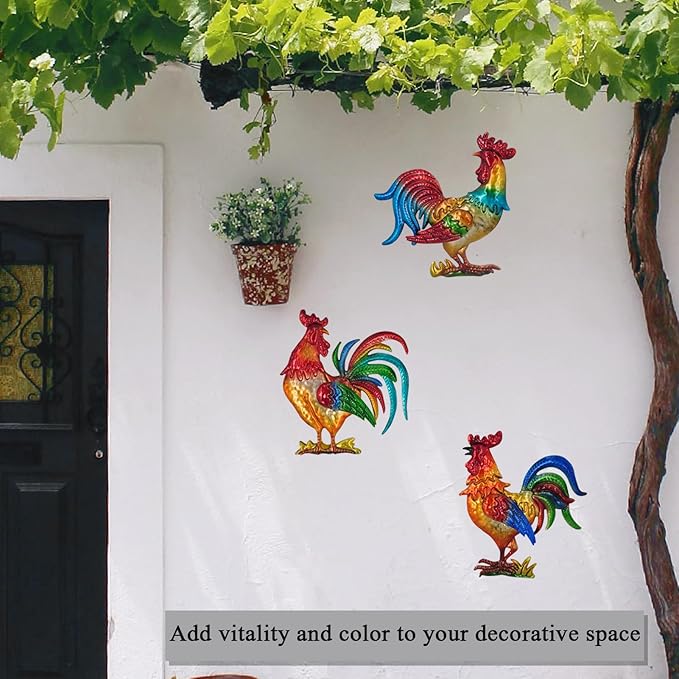 Tuokiuhn Rooster Metal Wall Art Decor Rooster Kitchen Decor Chicken Decor Living Room Bedroom Farmhouse Cabin Country Hanging Decorations Outdoor Garden Fence Art.