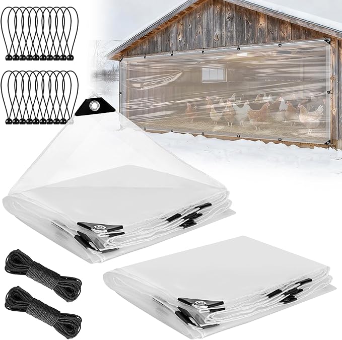 2pcs 4x10ft Chicken Coop Covers Accessories for Winter - Easy to Install Waterproof Chicken Run Tarp with Elastic Cords & Ropes
