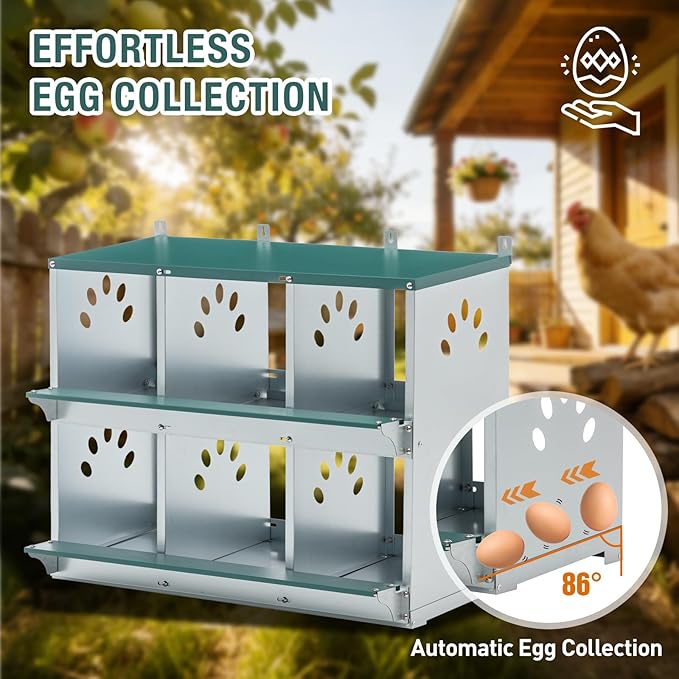 6 Compartment Metal Chicken Nesting Box, Roll Out Hen Laying Box for Easy Egg Collection, Wall Mount Poultry Nest Box for Backyard Chickens, Green, 32.09" L x 16.34" W x 26.38" H