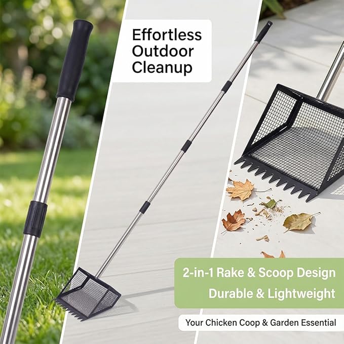 10-Inch Metal Chicken Poop Scooper & Rake with Long Stainless Steel Handle Coop Cleaning Tool