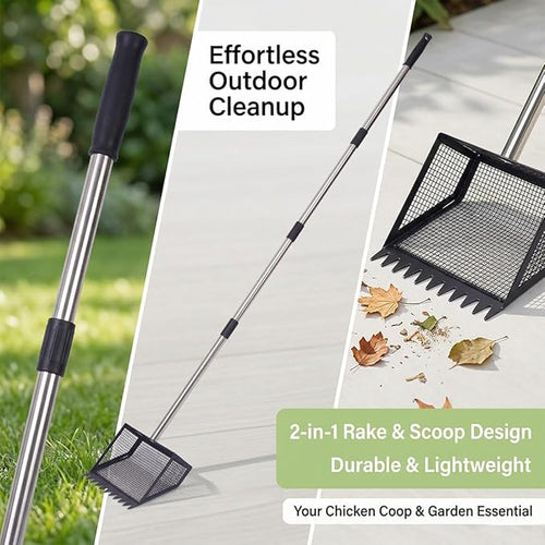 10-Inch Metal Chicken Poop Scooper & Rake with Long Stainless Steel Handle Coop Cleaning Tool