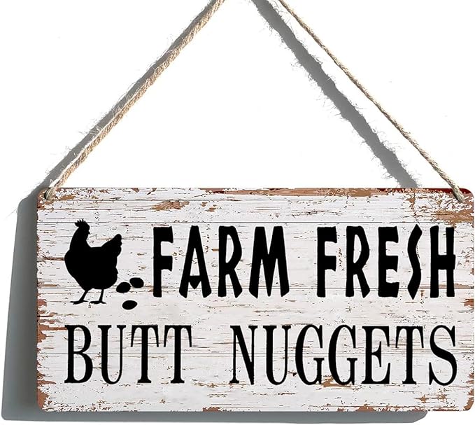 Funny Chicken Coop Signs Farm Decor - Farmhouse Kitchen Wall Decor, Rustic Outdoor Chicken Coop Decorations - Farm Fresh Butt Nuggets Sign, Wooden Home Decor Chicken Mom Gifts (6x12 Inch)