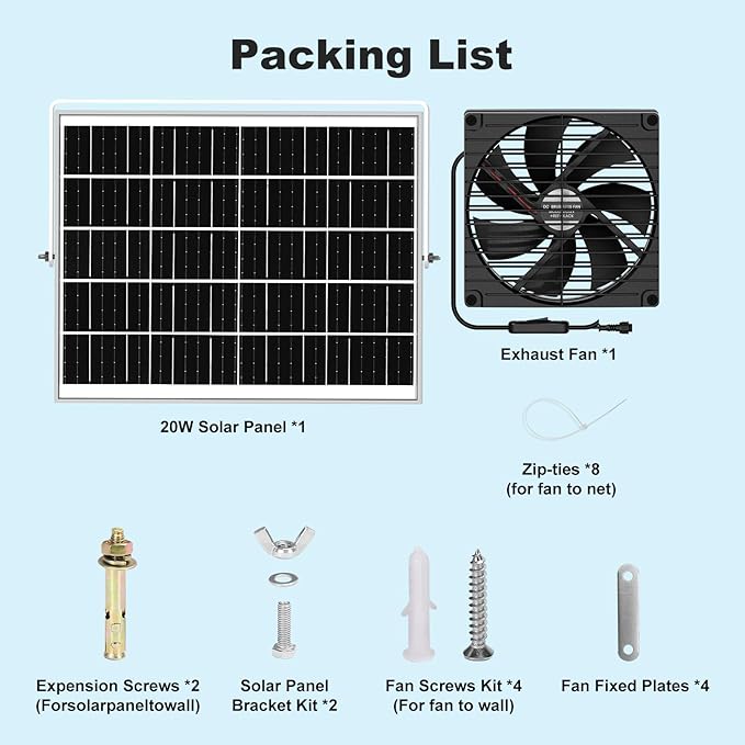 7.5" Solar Chicken Coop Fan, 20W Solar Powered Greenhouse Fan, Solar Exhaust or Intake Fans Outdoor Waterproof, 16.7 ft Cord, for Outside Doghouse Shed Air Circulation Ventilation Cooling