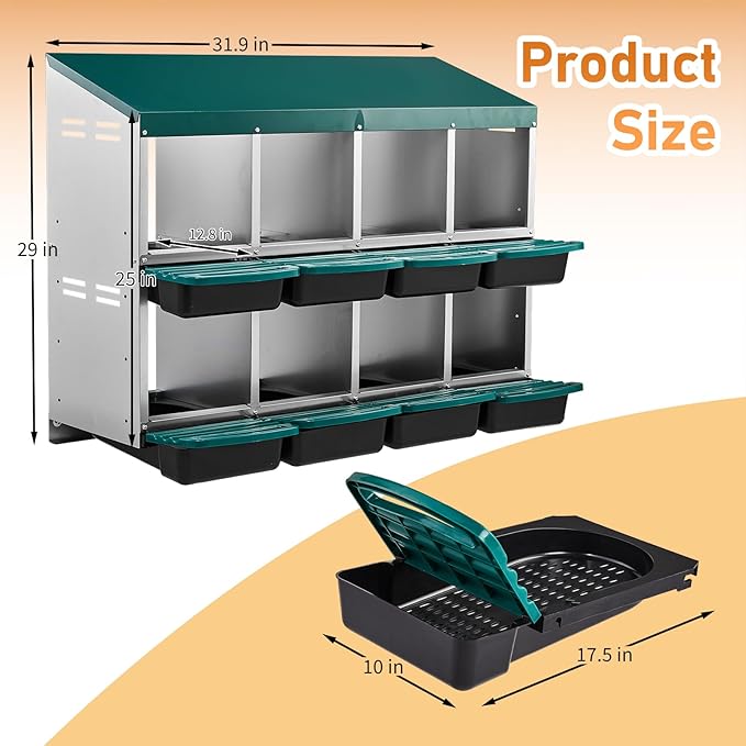 Outvita Chicken Nesting Boxes, 8 Compartments Metal Nesting Boxes for Chickens with Metal Legs, Wall Mount for Laying Eggs with Swing Perch and Roll Away Egg Collection for Chicken Coop, Green