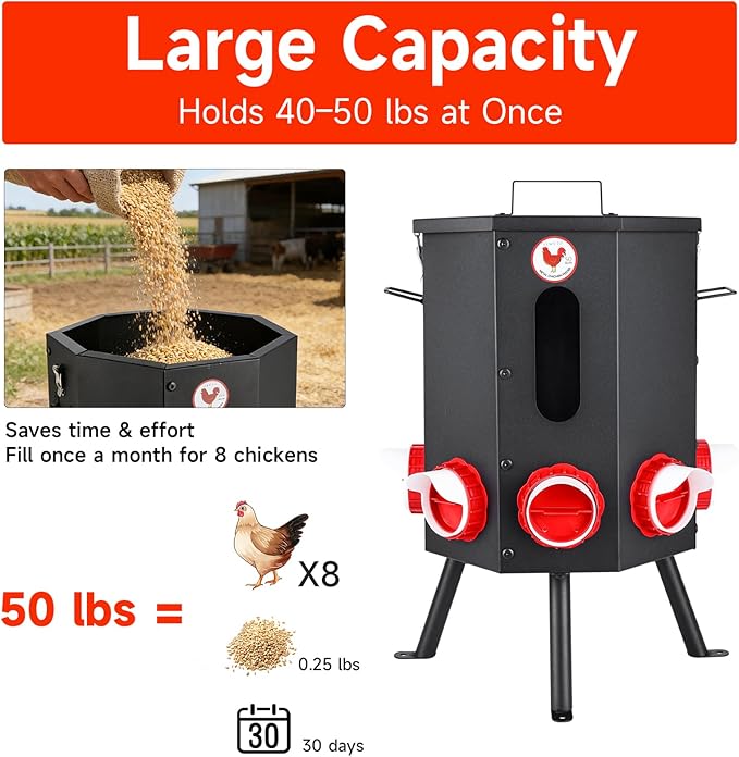 Automatic Chicken Feeder 8 Feeding Ports, 50lbs No-Waste Gravity Poultry Feeder 8 Feeding Ports with Rainproof Lid, Rodent-Proof Large Capacity Metal Chicken Feeder for Hens, Ducks, Birds