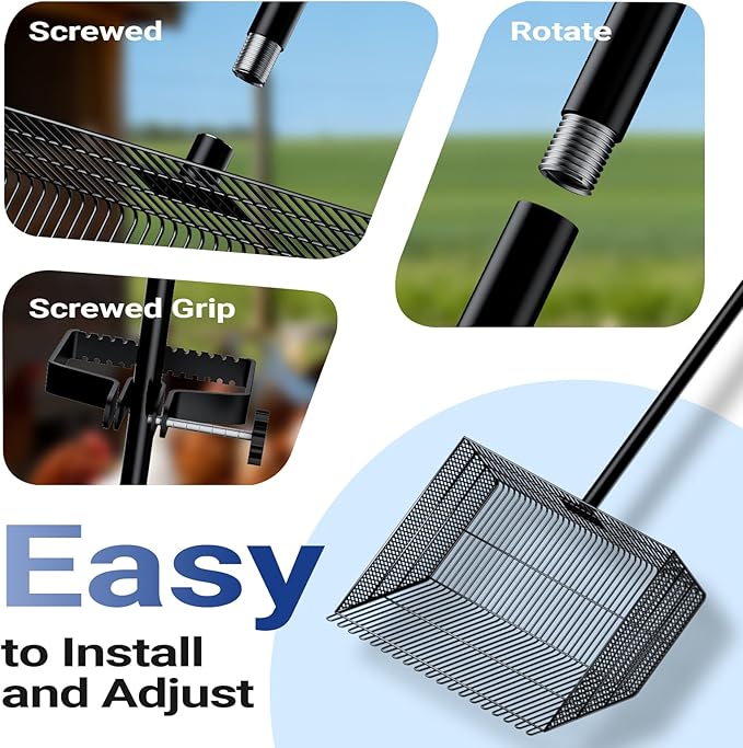 Chicken Poop Scooper with 12" Wide Heavy Duty Litter Shovel and Adjustable 25–73" Steel Handle, Multi-Section Detachable Pole Poop Rake for Easy Chicken Coop Cleaning, Durable Metal Accessories