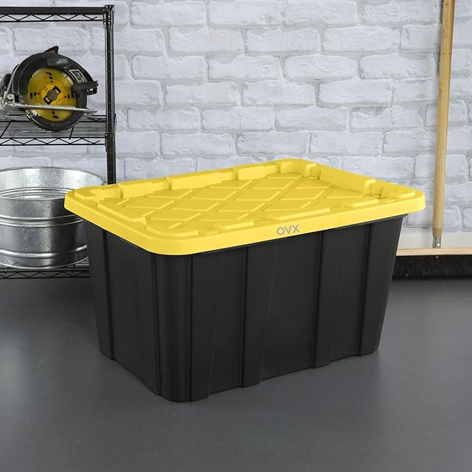 6-Pack Industrial Tote, 27 Gallon Stackable Plastic Storage Bins with Lids - Heavy-Duty Organizing Containers for Closet, Garage, Basement & Office，Black & Yellow