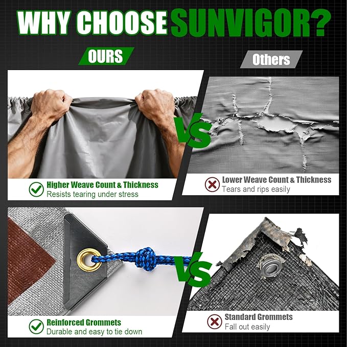 Sunvigor Tarp Waterproof 18x24Ft, Extra Thick 14 Mil Heavy Duty Tarp Cover, Tear & Fade Resistant, Outdoor Tarps with Brass Grommets and Reinforced Edges for Roof, Camping, Patio, Boat (Silver/Brown)