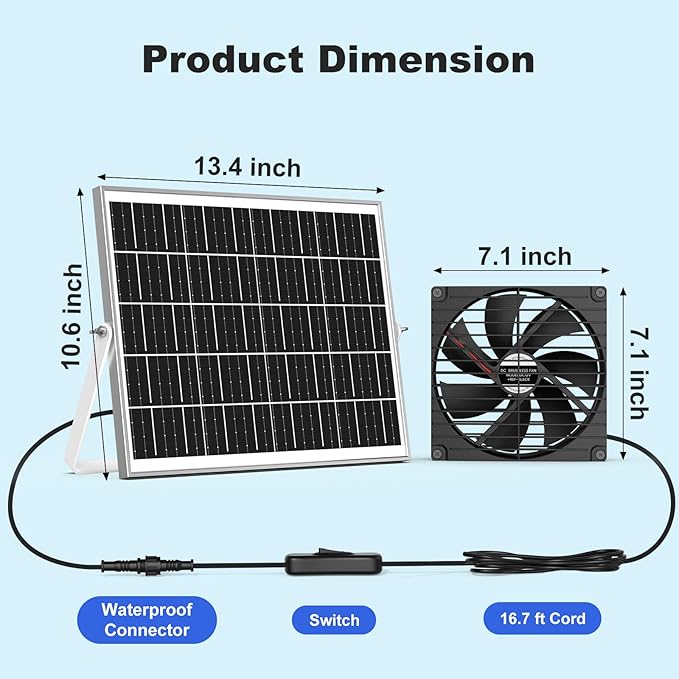 7.5" Solar Chicken Coop Fan, 20W Solar Powered Greenhouse Fan, Solar Exhaust or Intake Fans Outdoor Waterproof, 16.7 ft Cord, for Outside Doghouse Shed Air Circulation Ventilation Cooling
