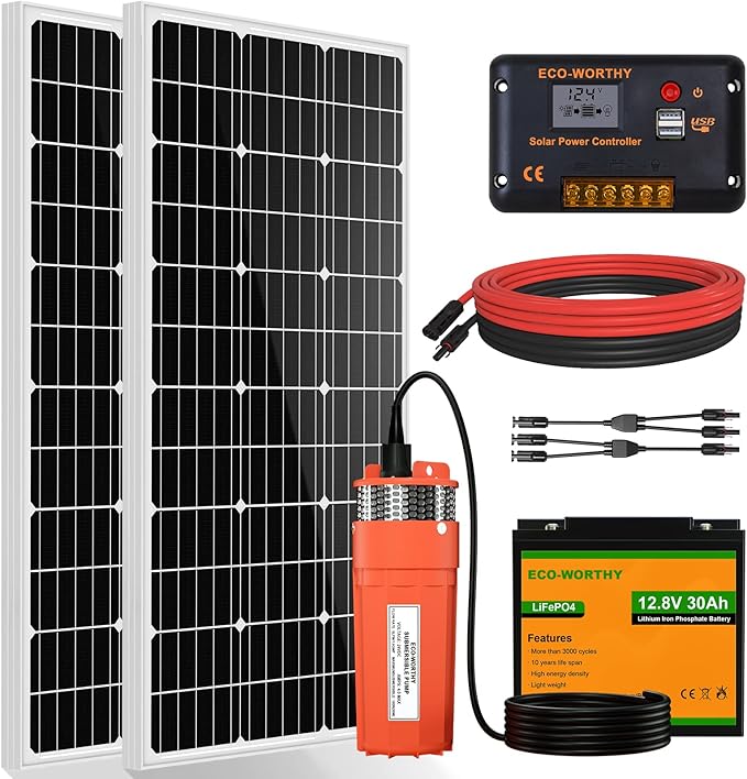 ECO-WORTHY Solar Water Well Pump Kit with 30Ah Lithium Battery, 12V Solar Water Pump + 200W Solar Panel Kit + 30Ah Lithium Battery for Well, Irrigation, Filling Water Tank