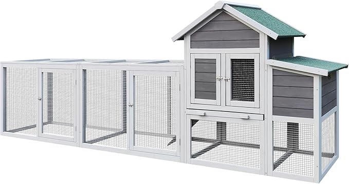 KEIKI 122＂Large Wooden Chicken Coop with Run and Nesting Box, Outdoor Hen House, Wooden Poultry Cage Wire Fence Poultry Cage
