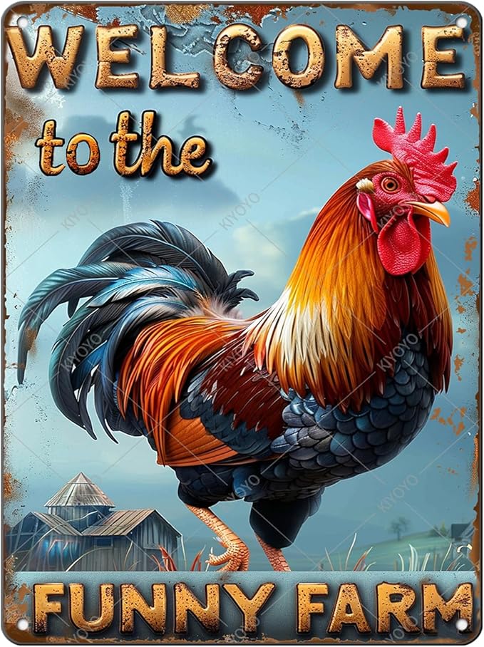Funny Rooster Sign Welcome To The Funny Farm Rustic Tin Sign for Home Farm Chicken Coop Decor 16x12 Inch