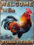 Funny Rooster Sign Welcome To The Funny Farm Rustic Tin Sign for Home Farm Chicken Coop Decor 16x12 Inch