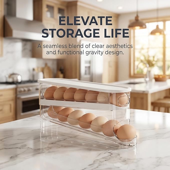Auto-Rolling Egg Dispenser with Lid - Transparent Fridge Egg Organizer, Space-Saving Refrigerator Storage Box with Slide Design for Side Door, Stackable & Easy Access (1 Pack)