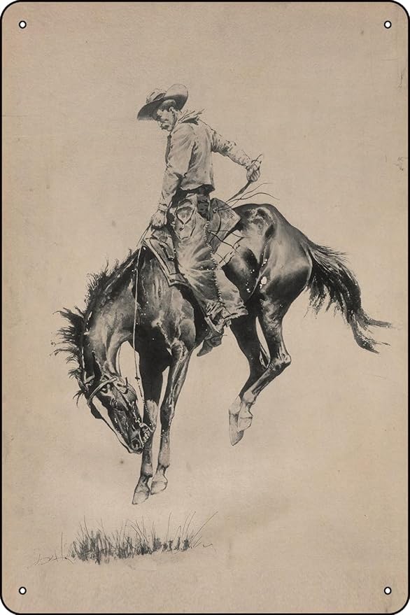 Cowboy Riding Bronco Art Vintage Western Home Decor - 8 x 12 inches Vintage Metal Sign