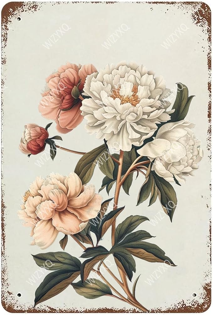 Flowers Metal Signs Peony Sign Vintage Tin Sign Retro Wall Art Decor for Living Room Bedroom Garden Yard Shop Bar 8×12 Inches