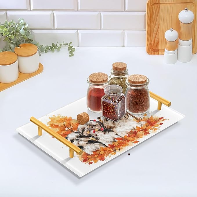 Bathroom Vanity Tray Counter Organizer, Cute Dogs with Fall Leaves Decorative Tray with Handles Countertop Storage for Bathroom Bedroom Kitchen Home Farmhouse