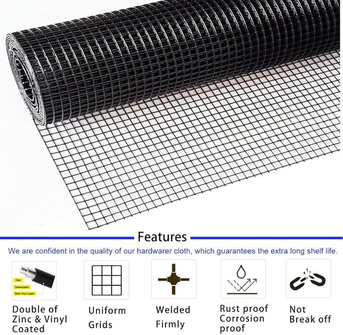 Hardware Cloth 1/2inch Black Vinyl Coated Wire Mesh 48" x 100' Welded Wire Fencing AWG17, PVC Coating Chicken Wire Fence,Welded Wire Mesh Roll for Garden Guard Fence Poultry Cage Net Fencing